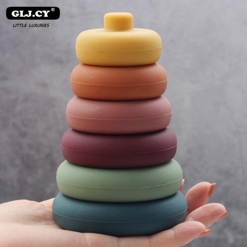 Baby Intellectual Develop Montessori Toy Soft Silicone Round Shape Rubber Teethers 3D Stacking Educational Toy Building Block