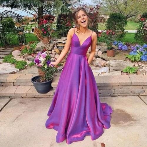 Sexy V-neck Backless Prom Dresses Purple Satin Long A Line 2021 Evening Dress Party Gown Spaghetti Strap Pocket Vestido De Festa