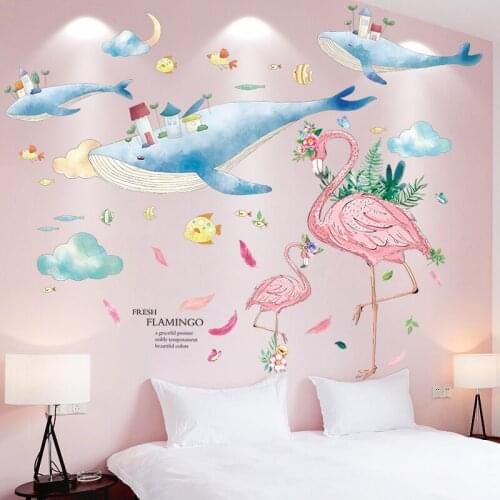 [shijuekongjian] Whales Fish Wall Stickers DIY Flamingo Animals Wall Decals for House Kids Rooms Baby Bedroom Nursery Decoration