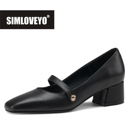 SIMLOVEYO New 2021 Women Pumps Square Toe 4.3cm Block Heels Buckle Classic Soft Comfy Vintage British Big Size 34-43 B2507