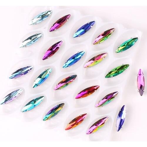 Slim Navette shape silver claw settings 50pcs/Pack Rainbow & Jelly candy AB glass Crystal 4*15mm Sew on rhinestone applique diy