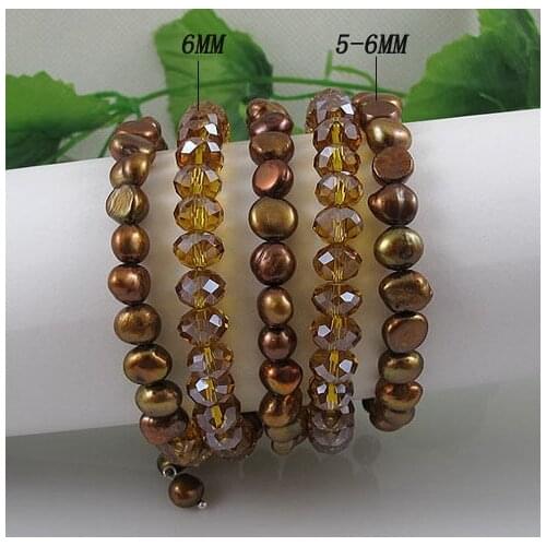 Unique Pearls jewellery Store,5Rows Brown Color Crystal Beads Natural Freshwater Pearl Bracelet,Fashion Woman Party Jewellery