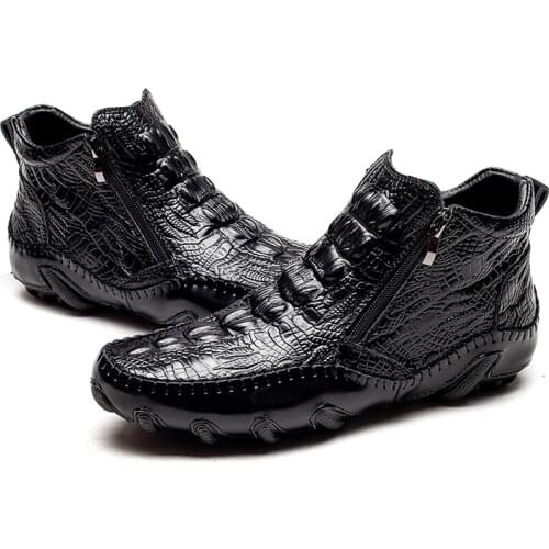 Spring Winter Fur Mens Chelsea Boots Leather Casual Shoes Male Crocodile Pattern Men Leather Shoes Big Size 47