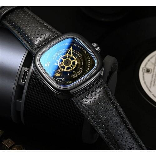 Karrottiv Travel Waterproof Watch Automatic Mechanical Movement Watch MenS Watch Leather Strap Hollow Square Large Dial Hand