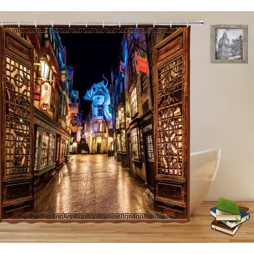 Night View Shower Curtains Diagon Street Retro Building Scenery Outside the Window Bathroom Polyester Cloth Hanging Curtain Set
