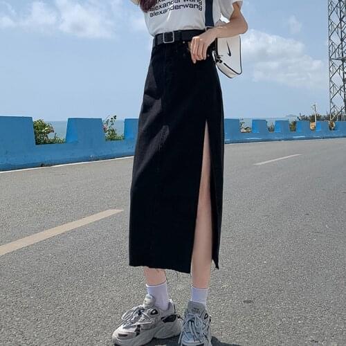 Zoki High Waist Women Denim Skirt Split Fashion A Line Streetwear Jeans Long Skirt Korean Black Summer Causal Ladies Faldas 2021