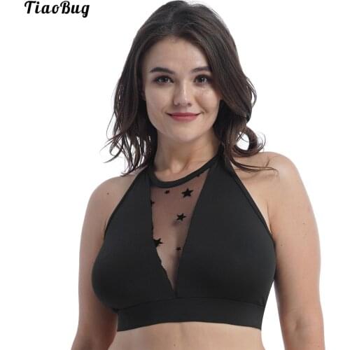 TiaoBug Women Summer Clothing Crop Top Sleeveless Solid Color V-Shape Mesh See-Through Front Stars Printed Tank Vest