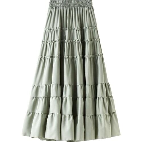 Summer Ladies High Waist Chiffon Fringe Skirt Girls Sweet Cute Elegant Long Green Skirt Korean Swing Tiered Pleated Ruffle Skirt