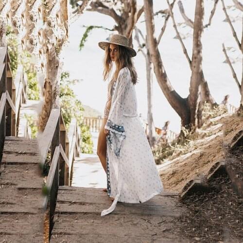 Sexy Printing Sunscreen Shirt for Women 2021 Summer Boho National Wind Long Beach Sunscreen Blouse Woman Swim Suit Cover Up