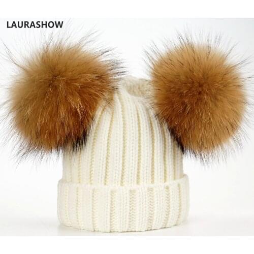 LAURASHOW Winter Cap 16cm Double Real Raccoon Fur Ball Pom Poms Hat For Adult Hat Knitted Cap Hat Skullies Women Beanies
