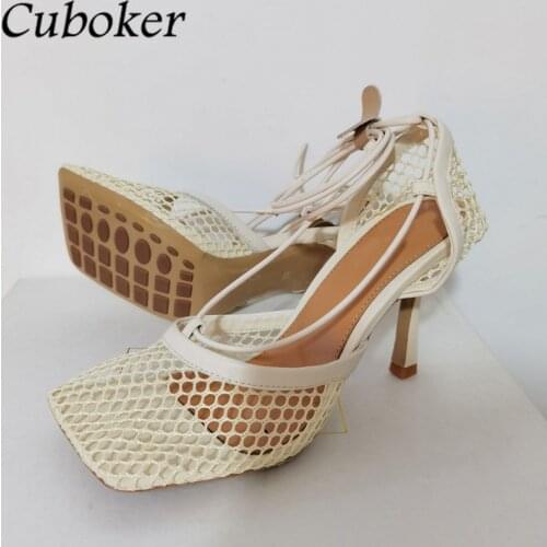 2021 Brand Runway Women Sandals High Heel Net Mesh Square Toe Ankle Strap Summer Party Dress Shoes For Women Sandalias Mujer