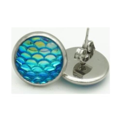 6 Colors 12mm Stainless Steel Resin Fish Scale Earrings Bright Mermaid Scale Cabochon Stud Earrings for Women Jewelry Gift
