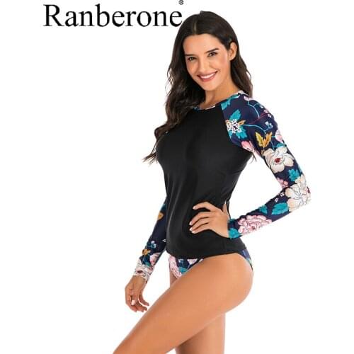 Swimsuit Women 2 Pieces Long Sleeve Female Bathing Suit Print Floral Surfing Bodysuit Swim Wear Beach Sun Protection Clothing