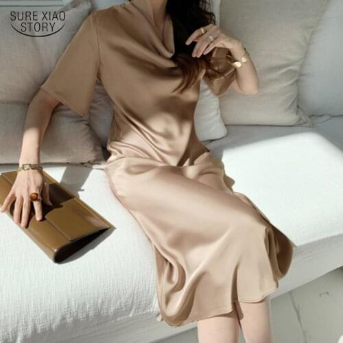 Vintage Pile Collar Party Dress 2021 Summer Short Sleeve Dress Women High Waist Solid Color Satin Long Dresses Robe Femme 13567