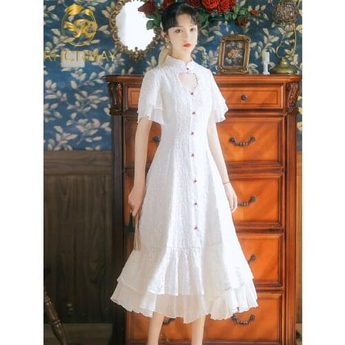 New 2021 Summer Woman Dress Casual Stand Collar Single Breasted Ruffles Embroidery Vintage Fashion Elegant Vacation Beach Dress