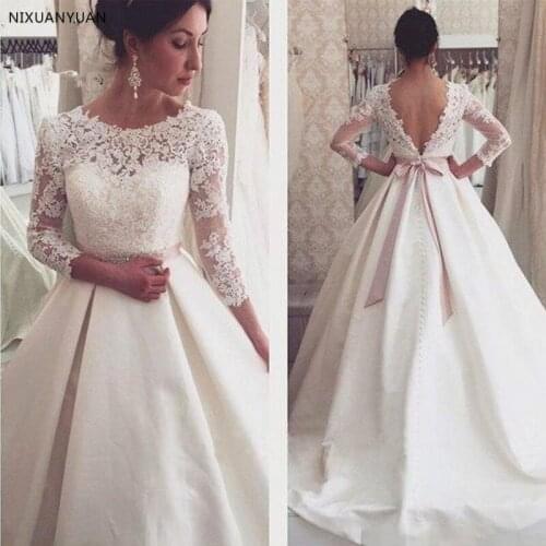 Vestido De Noiva 2021 Wedding Dresses Long A-Line 3/4 Sleeves Appliques Lace Sexy Backless Wedding Gown Bridal Dresses