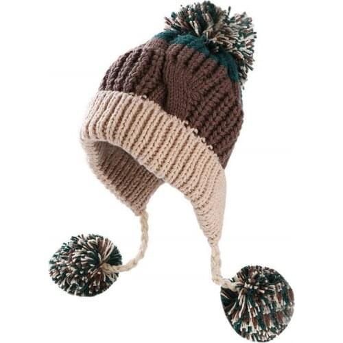 BomHCS Winter Handmade Knitted Stitching Color Beanie Hat Women Earflaps Caps