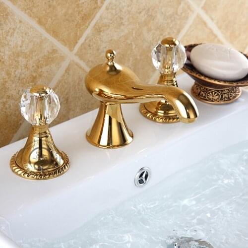 FREE SHIPPING gold colour 3 Pieces widespread lavatory sink waterfall Roman faucet mixer tap
