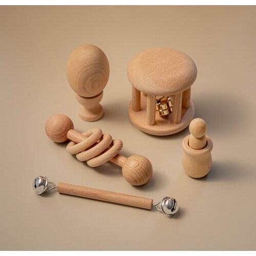 5/7Pc/Set Baby Montessori Toy Set Wooden Teether Music Rattles Graphic Cognition Early Educational Toys