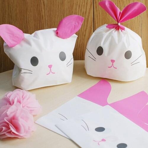 50PCS Cute Pink Cat Rabbit Ears Snack Plastic Bags Sweets And Candy Food Package For Gifts Cookie Packaging Bags Party Supplies