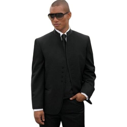 Stand Collar Black Mens Evening Dress Toast Business Suit Prom Clothes Groom Tuxedos Customize(Jacket+Pants+Vest+Tie) K:147