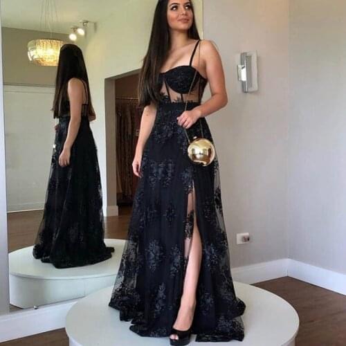 Black A-Line Evening Dress Long Sweetheart Floor Length Side Slit Spaghetti Straps Lace Appliques Backless Party Prom Gown