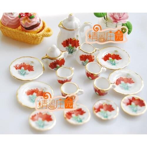 G05-X4322 children baby gift Toy 1:12 Dollhouse mini Furniture Miniature rement ceramics tea set 15pcs/set orange flower