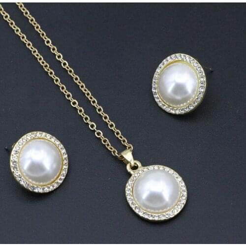Womens Gold Color Silver Color Jewelry Set White Simulated-Pearl Chain Necklace Pendants Earrings Party Prom Gifts 18inch B3406