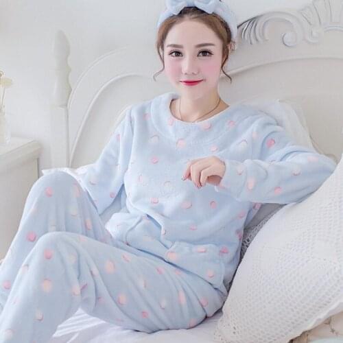 H5738 Flannel Pajamas Lady Long Sleeves Thickened Warm Suit Women Autumn Winter Korean Coral Velvet Students Home Service Set