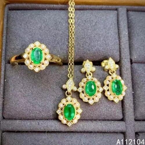 KJJEAXCMY fine jewelry 925 sterling silver natural emerald women vintage elegant pearl gem earrings ring pendant suit support de