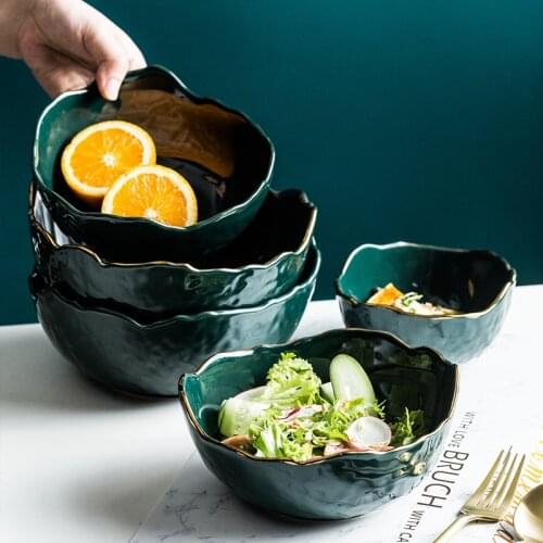 Creative Ceramic Fruit Salad Bowl with Golden Rim Luxury Green Noodle Bowl Porcelain Rice Bowl Serving Breakfast Bowl Kitchen