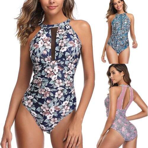 Print Floral Retro Swimwear Women Mesh Cut Hollow Out Swimsuit Ladies Solid One Piece Swimsuit Monokini Swim Bath Suit Trikini