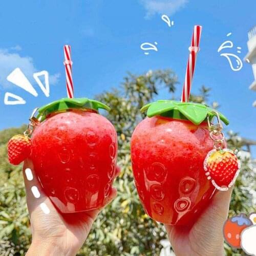 Summer Cartoon Kawaii Strawberry Straw Cup Plastic Cup Lovely Girl Milk Tea Coffee Cup Student Portable Water Cup Water Bottle