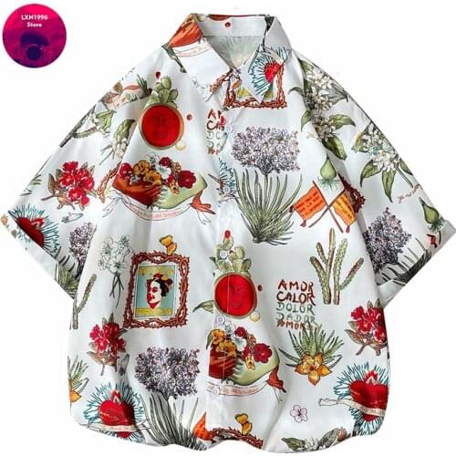 2021 New Mens Shirts Japan Fashion Streetwear Harajuku Short Sleeve Shirts Men Casual Summer Men Clothing Printed Shirts Men