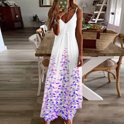 Boho Summer Maxi Dress Women New Beach Styles Purple Leaf Print Long Dress Casual Sleeveless V-Neck Floral Dresses Robe Vestidos