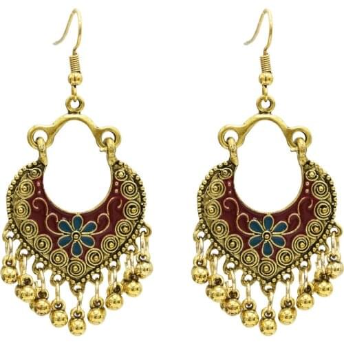 Vintage Gold Metal Carved Flower Bells Tassel Drop Earrings Indian Jhumka Jhumki Earring Festival Afghan Thailand Party Jewelry