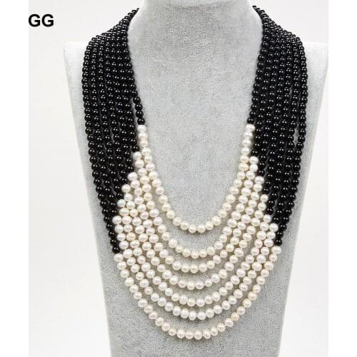 GuaiGuai Jewelry 7 Strands Natural White Pearl Onyx Necklace Multi Strands Pearl Necklace 19" For Women