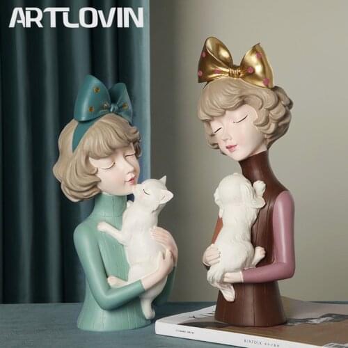 Latest Bow Hairpin Girl Figure Statues Woman Holds Kitten & Dog Sculptures For Home Decor Crafts Living Room Ornaments Fashion