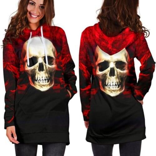 Women Long Sleeve Casual Blouse 2021 Autumn Fashion Halloween Skull Gradient Hooded Sweatshirt Vintage Pockets Loose Street Tops