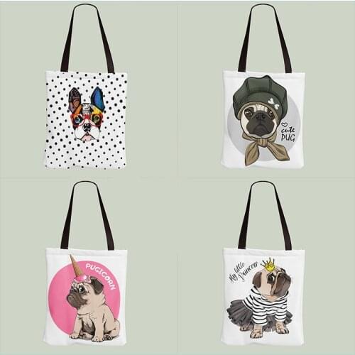 Cute Pug dog Print Ladies Handbags Cloth Canvas Tote Bag Shopping Women Eco Reusable Shoulder Shopper Bags