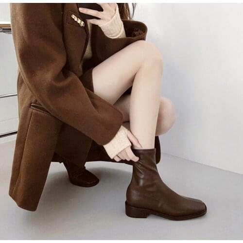 Fashion All-match Boots Womens Square Toe Thick Heel Nude Boots White Black Brown Size 33-42