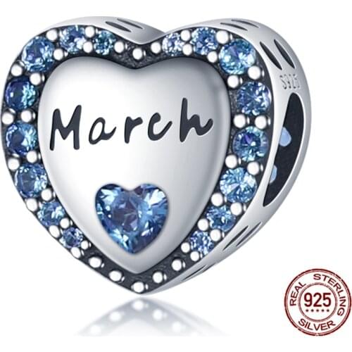100% Real 925Sterling Silver Blue And White March Heart-Shaped Beads Fit Original 3mm Bracelet&Bangle Women Fashion Jewelry Gift