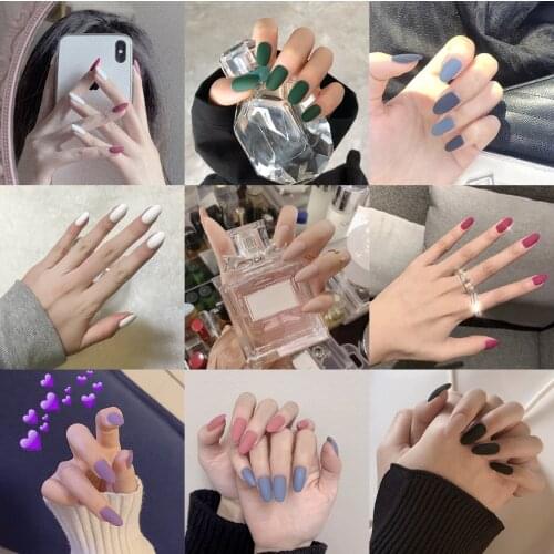 24pcs Long Fake Nail Matte Rounded Artificial Press On With Jelly Glue Full Cover Stylish Daily Finished Nail Art False