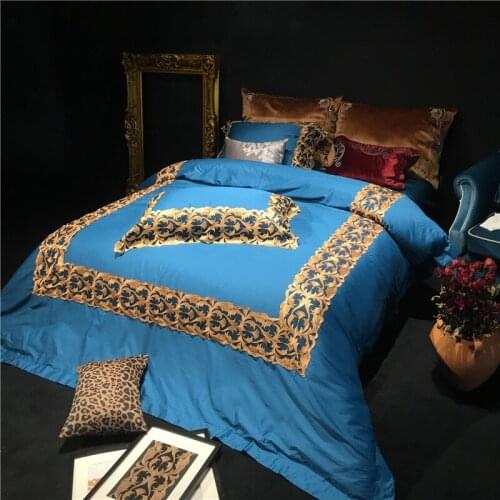 4pcs Queen King Luxury Royal Wedding Bedding sets 120S Egyptian cotton Embroidery Boho Duvet cover Bed sheet set Pillowcase blue
