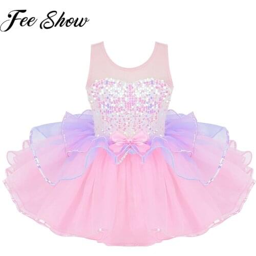 Toddler Girls Shiny Sequins Mesh Splice Bowknot on Waist Ballet Dance Gymnastics Leotard Tutu Dress Kids Ballerina Dancewear