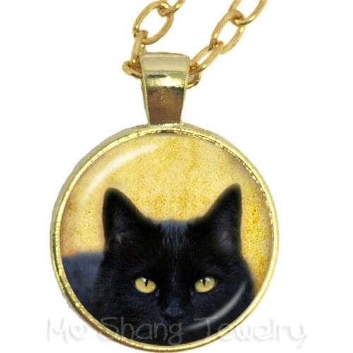 Black Cat Peeping Picture Round Glass Dome Necklace Animal Pattern Series Pendant Cat Lover Gift Handmade Fashion Sweater chain