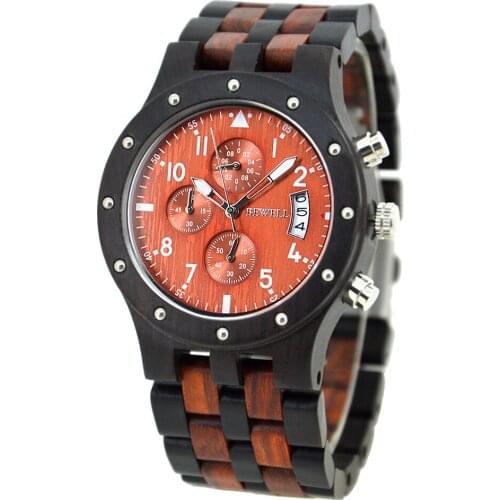 Bewell 6-pin Multifunction Wooden Watch Men With Calender Luxury Brand Mens Sport Watch Waterproof relogio masculino Clock Gift