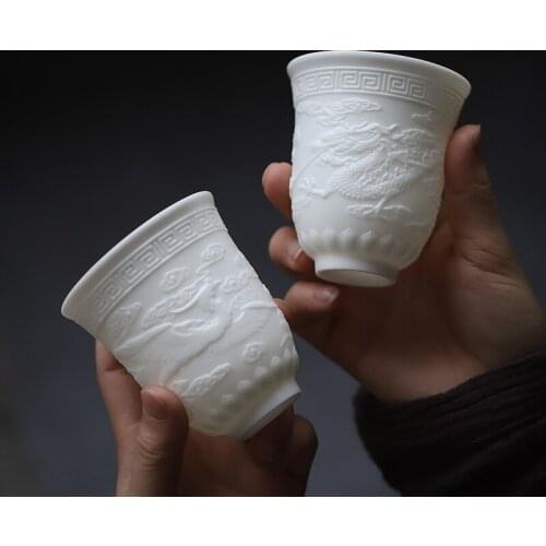 Chinese White Ceramic Translucent Relief Relief Large Tea Cup Dragon and Phoenix Cup Couple Cup Drinking Cup Antique Collection