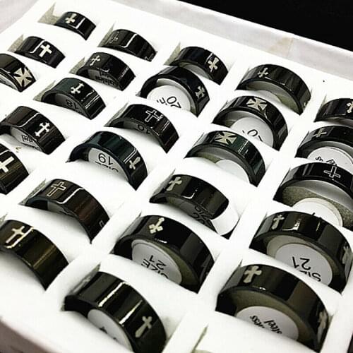 New 20pcs mens black cross rings stainless steel polished Christian Religious women finger ring wholesale lots bulk