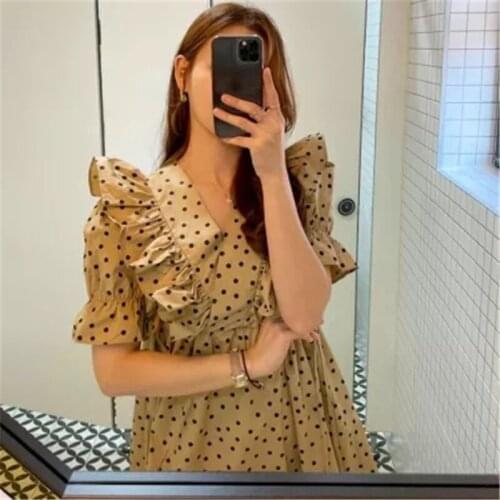 Korean style French polka dot large lotus leaf side lace high waist temperament dress